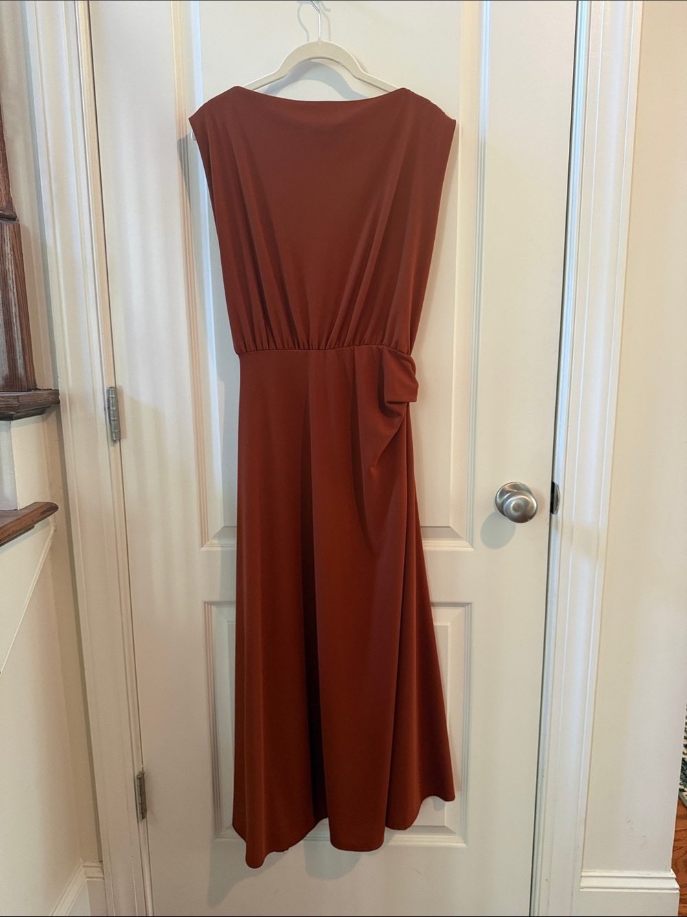 Zara Rust Red-Brown Tobacco Sleeveless Maxi Dress with Draped Waist Ring - Picture 4 of 14